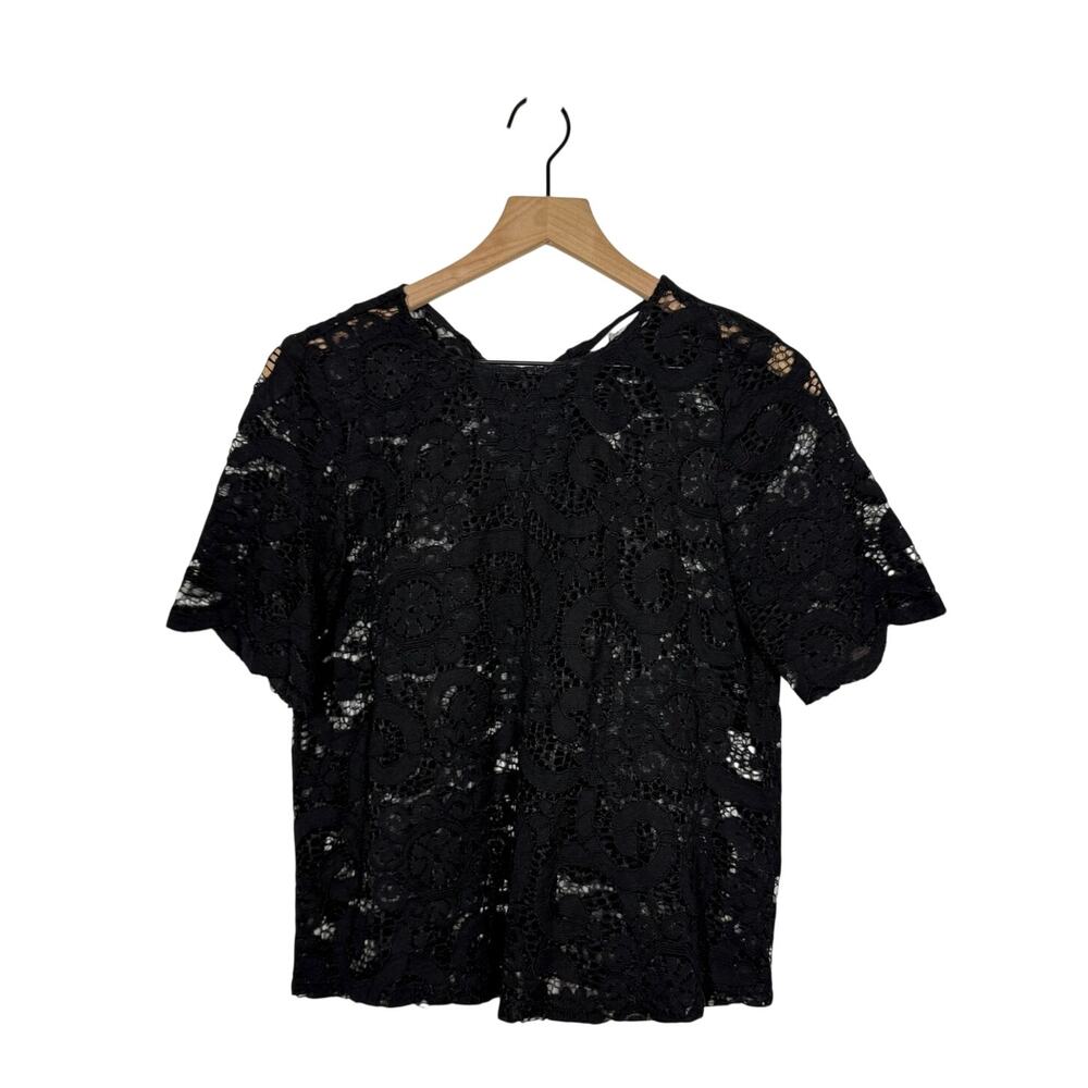 Nanette Lepore Floral Lace Blouse Womens Size‎ Small Black Tie Back Short Sleeve